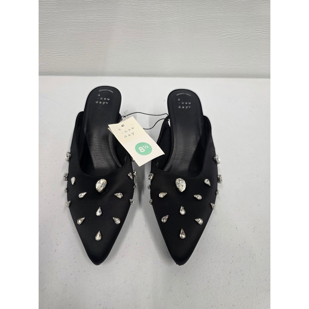 A New Day Womens Black Satin Rhinestone Kitten Heel Mules Pointed Toe Size 8.5